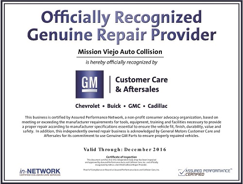 Mission Viejo Auto Collision is General Motors Genuine Repair Provider Certified_500x379