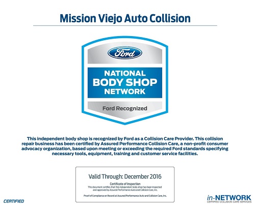 Mission Viejo Auto Collision is certified in Ford National Body Shop Network_500 x 409